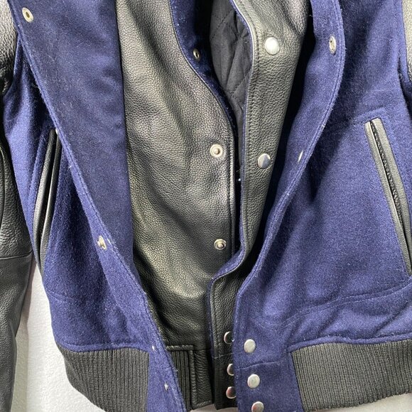 Oak NYC Double Front Varsity Jacket Womens XS Blue Wool Leather Sleeves Boxy - Picture 3 of 9